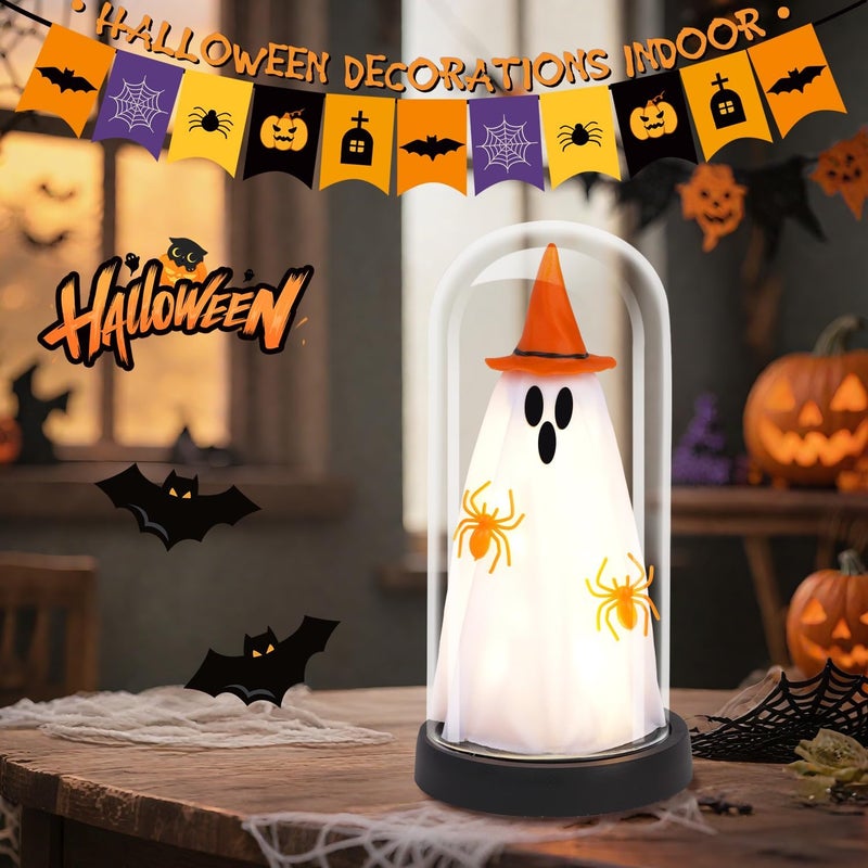 Tayfeim Halloween Decor-Halloween Decorations Indoor-Light Up Ghost in Glass Cloche-Cute Ghost with Light for Home Kitchen Mantel Tabletop Party Decor- Ghost-Orange - Image 2